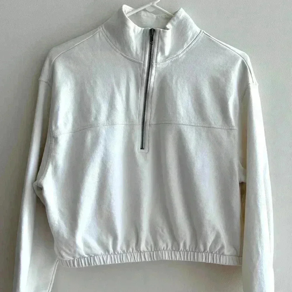 BP White 1/4 Zip Sports Jacket, Athleisure Athletic White Sweatshirt, Small